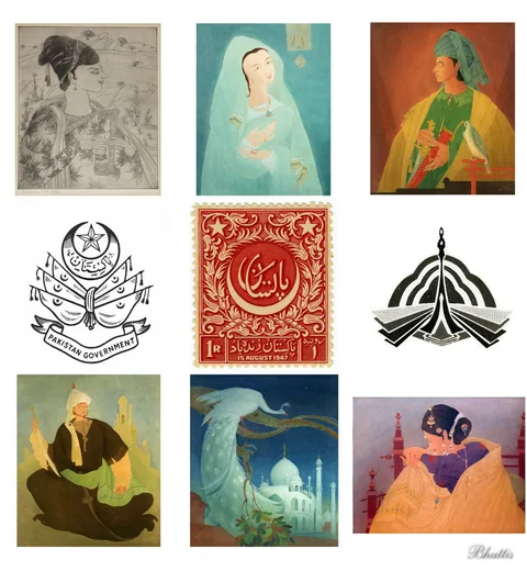 Nine works by A. R. Chughtai: paintings, an etching, the 1947 one-rupee stamp and emblem designs
